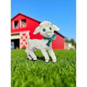 Vintage 60's Precious White Lamb with Green Bow and Eyes Brooch Pin Jewelry
